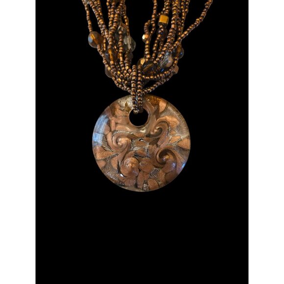 Multi-Strand Glass Bead Necklace With Bronze Swirl Pendant Art Glass Look - Picture 2 of 7